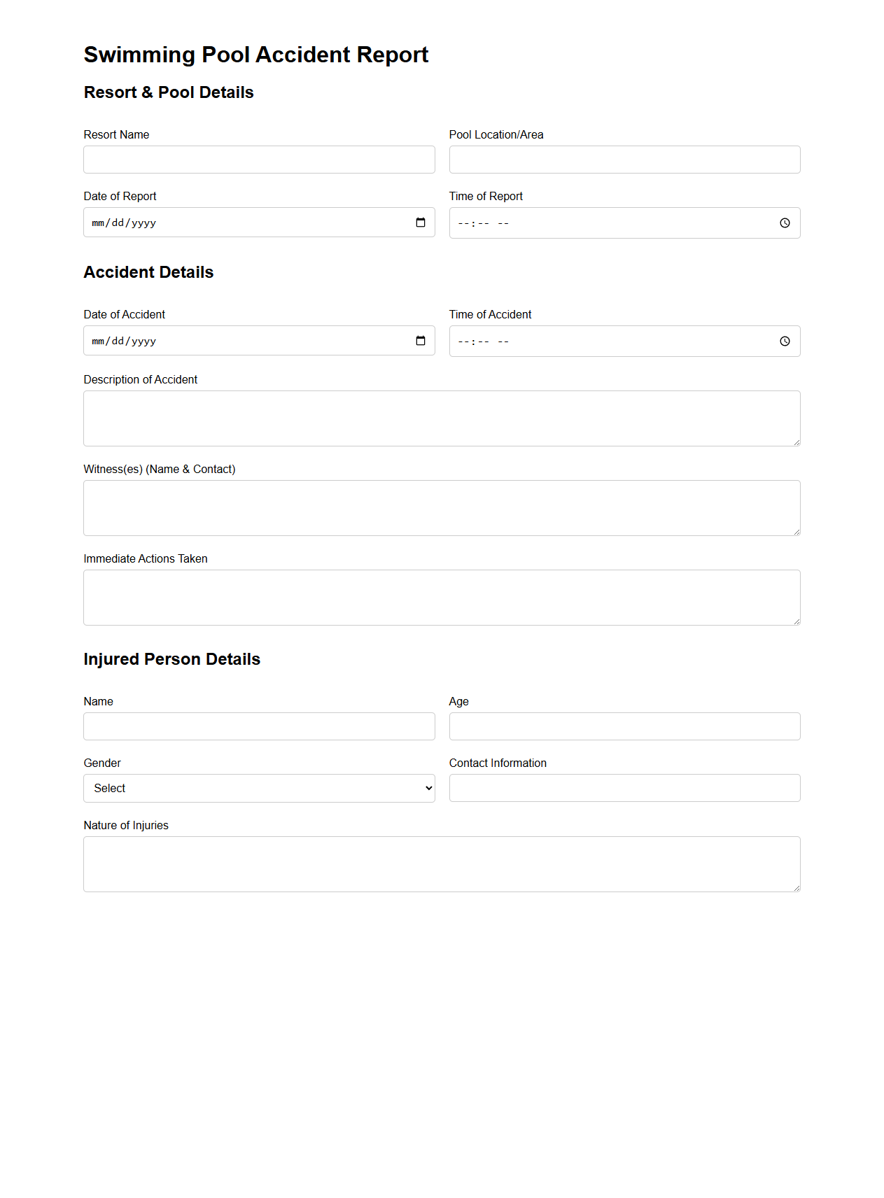 Swimming Pool Accident Report Document for Resorts