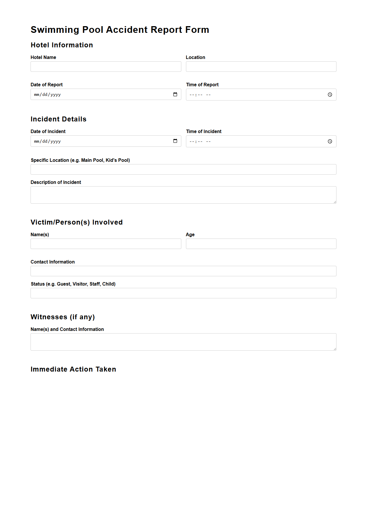 Swimming Pool Accident Report Format for Hotel Premises