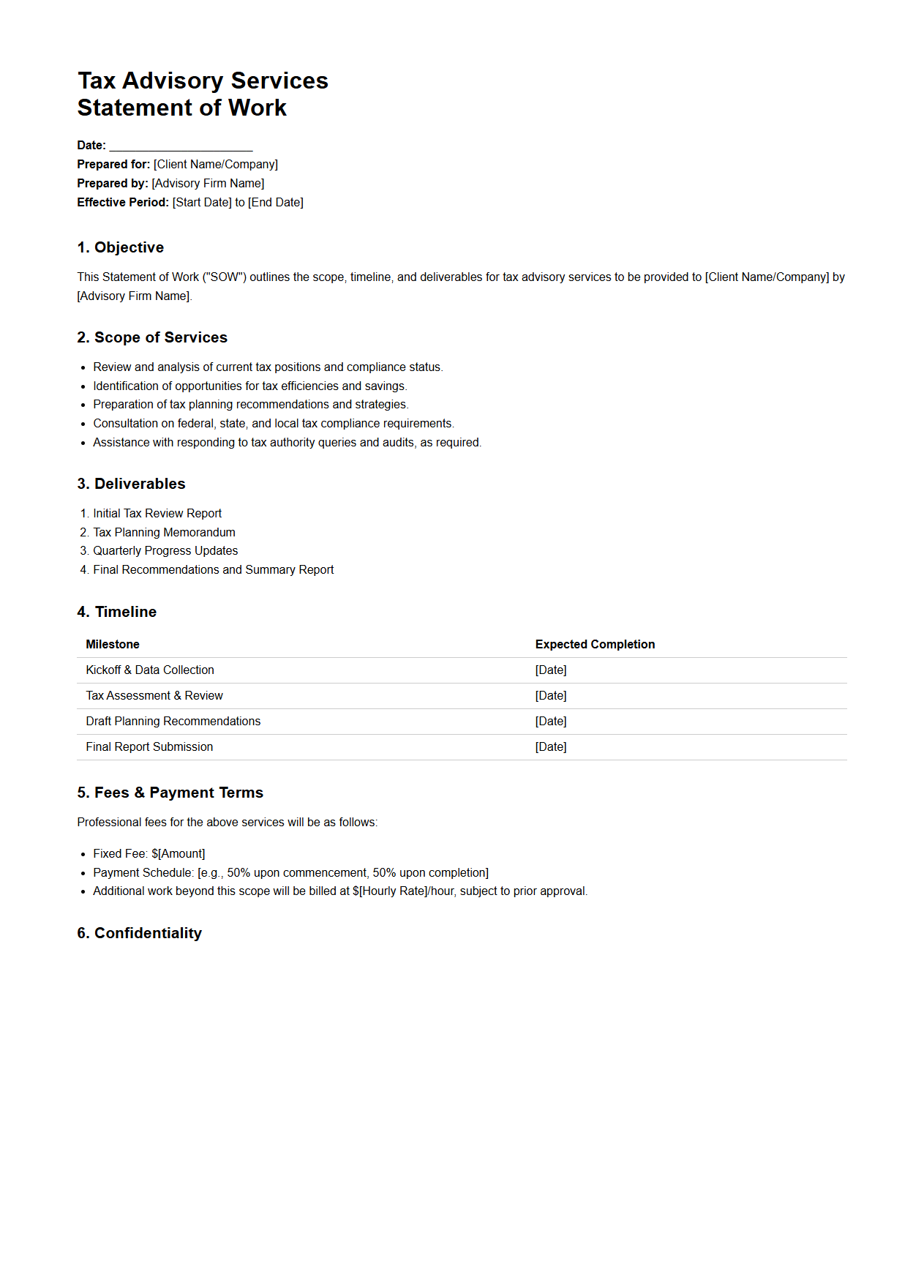 Tax Advisory Services Statement of Work Example