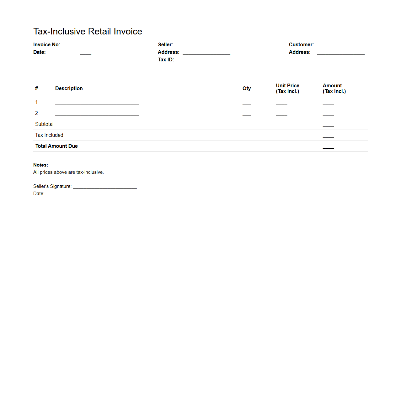 Tax-Inclusive Retail Invoice Sample