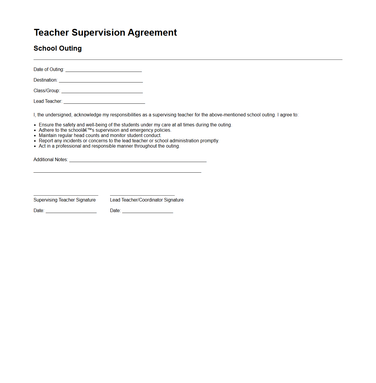 Teacher Supervision Agreement for School Outing