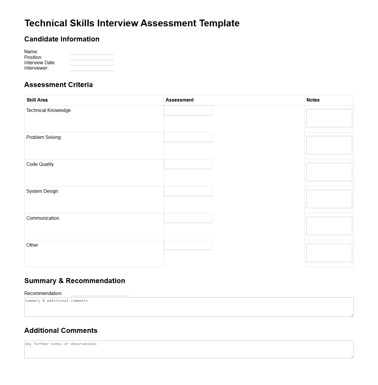 Technical Skills Interview Assessment Template
