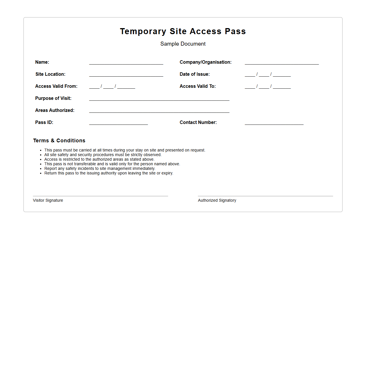 Temporary Site Access Pass Template