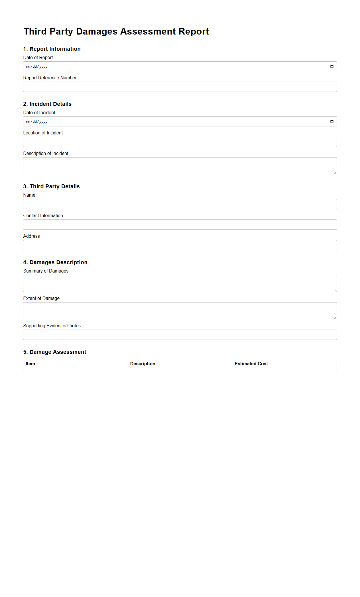 Third Party Damages Assessment Report Template