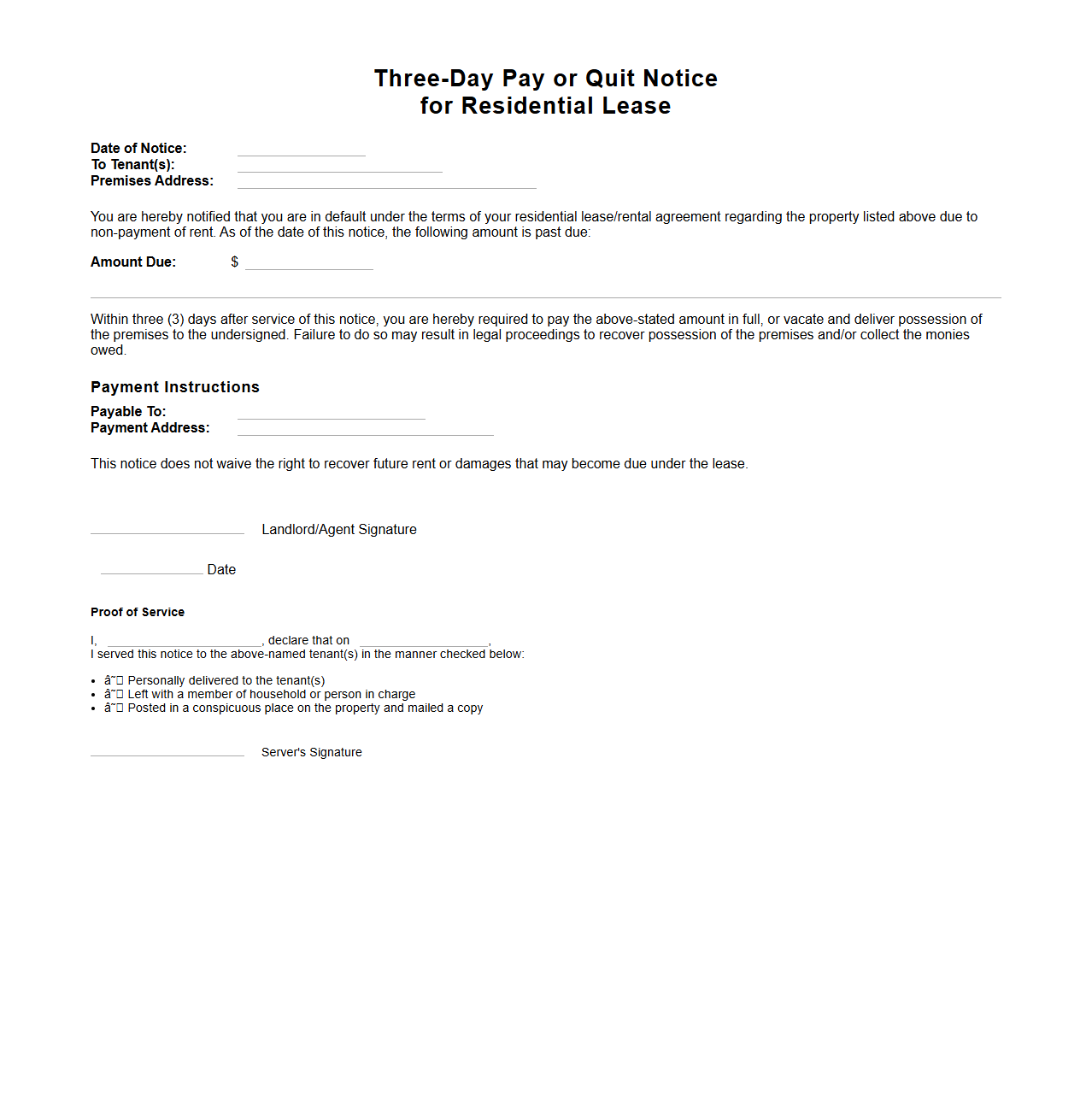 Three-Day Pay or Quit Notice for Residential Lease