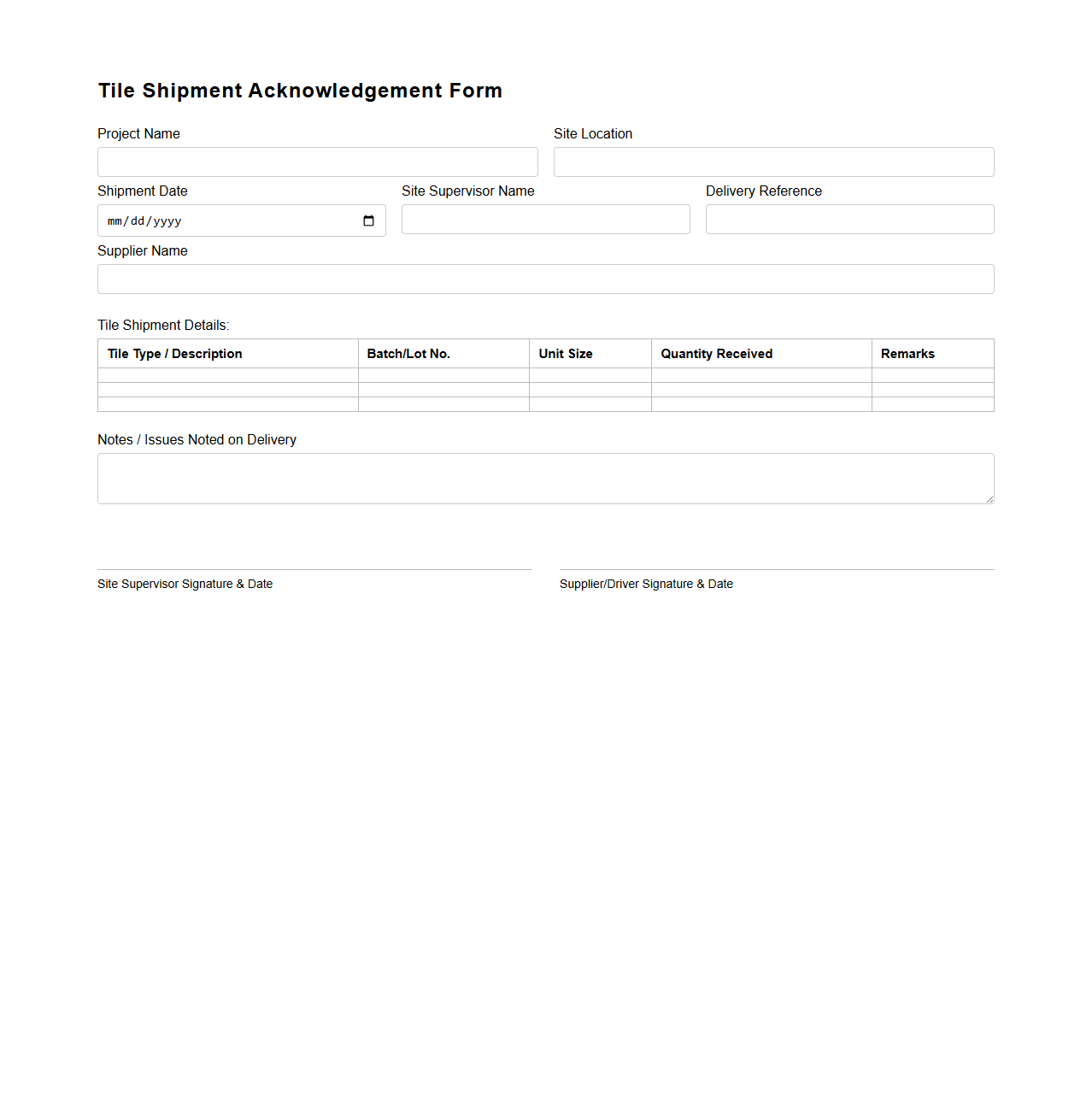 Tile Shipment Acknowledgement Form for Site Supervisors