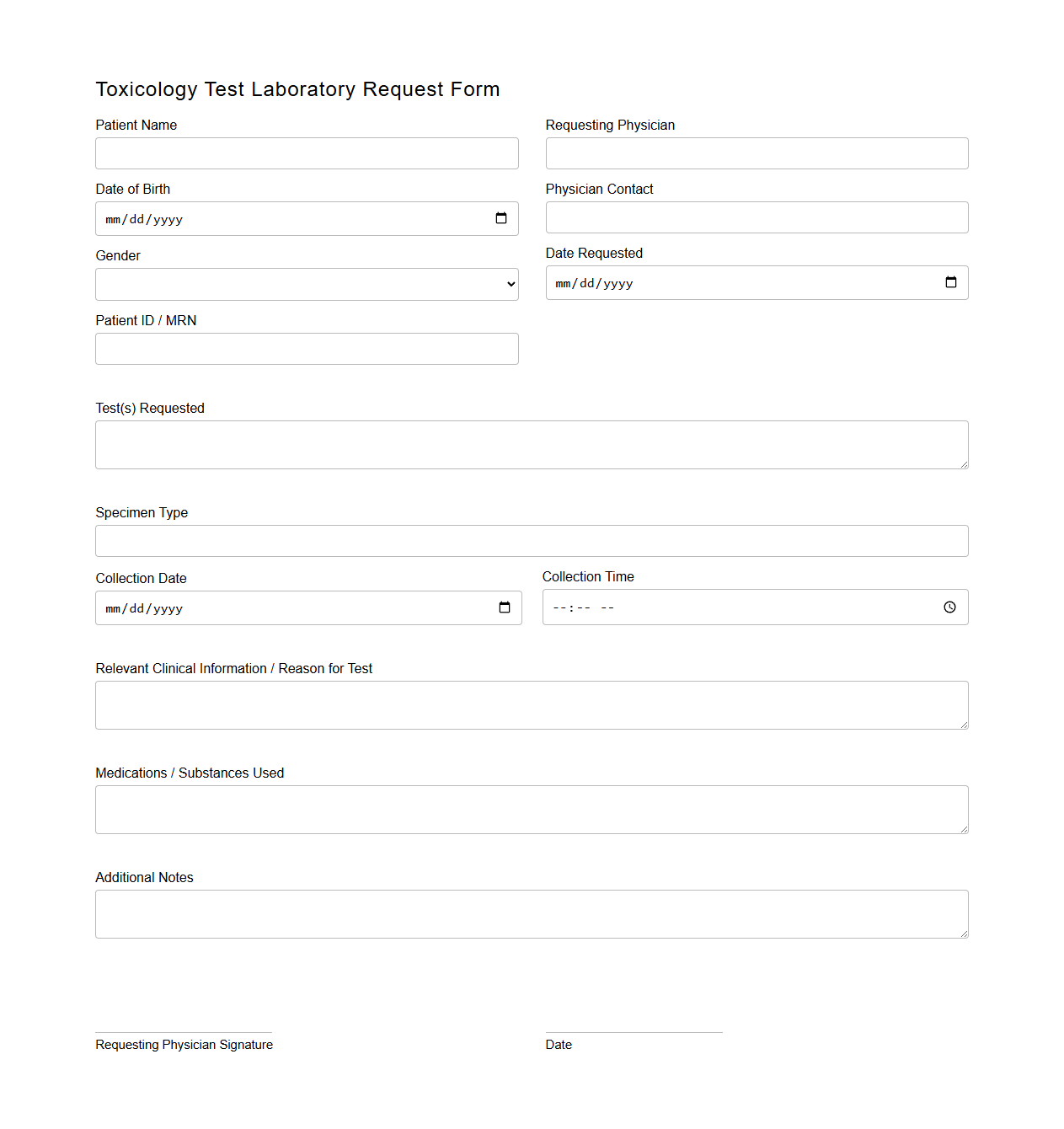 Toxicology Test Laboratory Request Form Sample