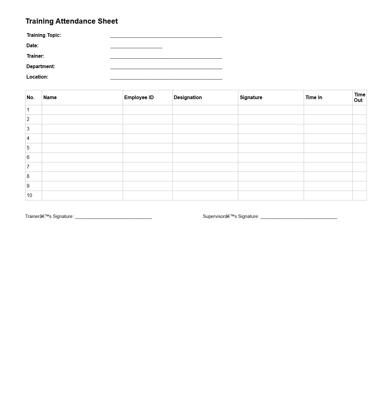 Training Attendance Sheet for Manufacturing Personnel