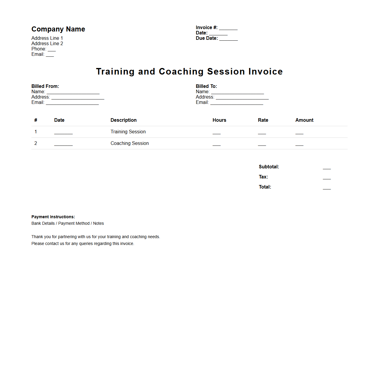 Training and Coaching Session Invoice