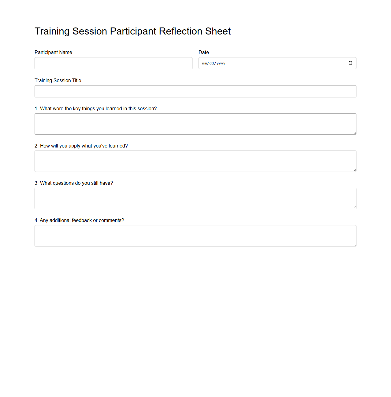 Training Session Participant Reflection Sheet