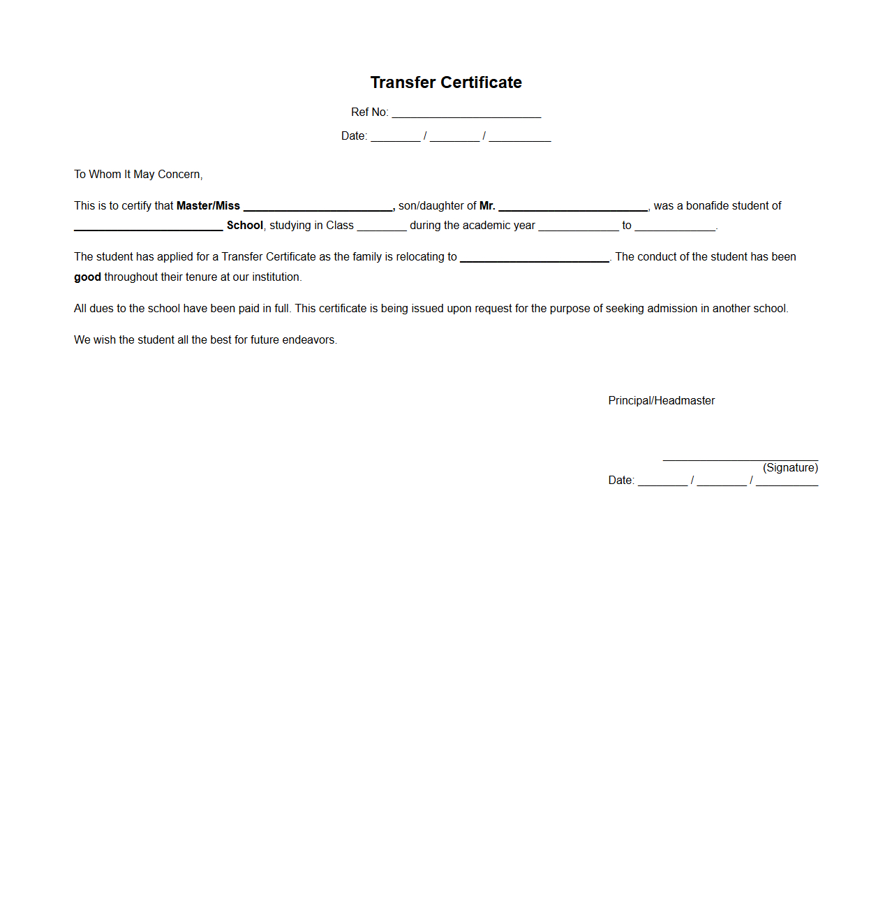Transfer Certificate Letter for Student Relocation