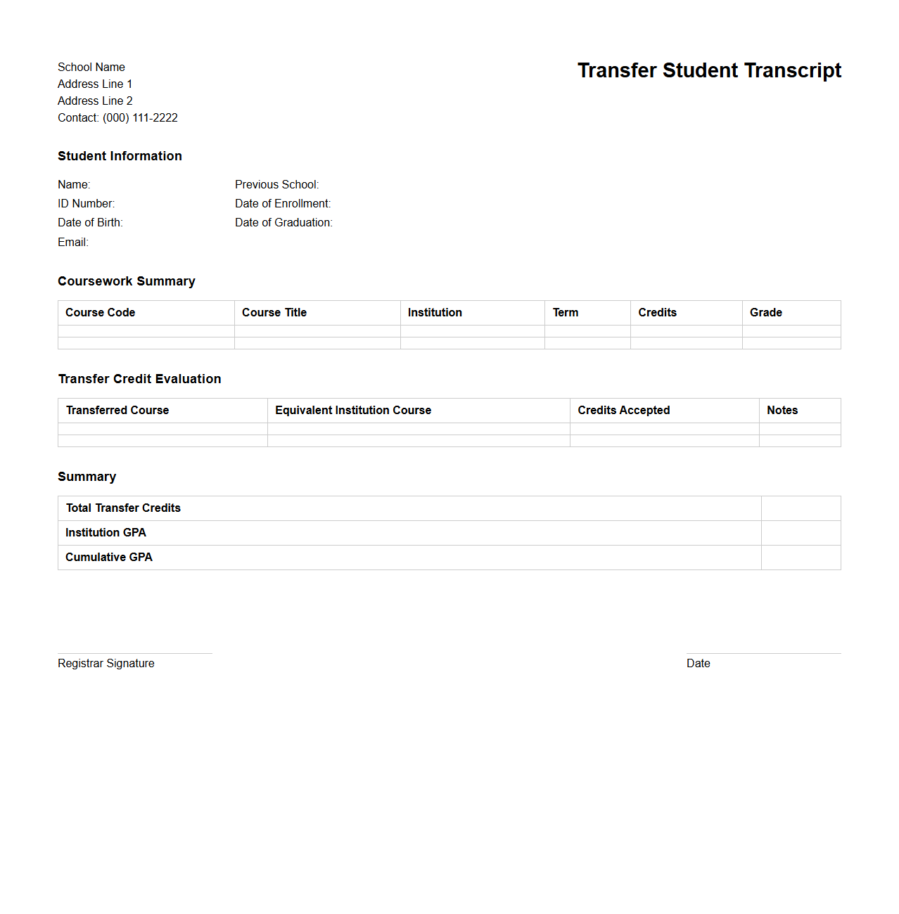 Transfer Student Transcript Layout