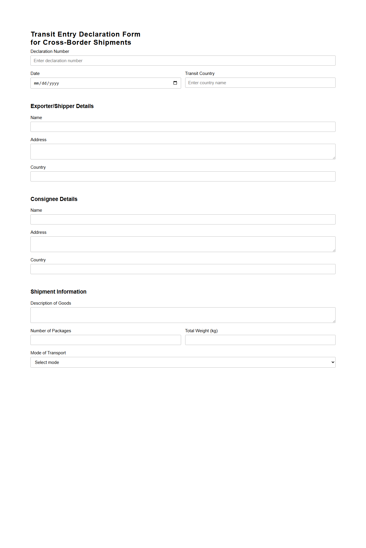 Transit Entry Declaration Form Example for Cross-Border Shipments