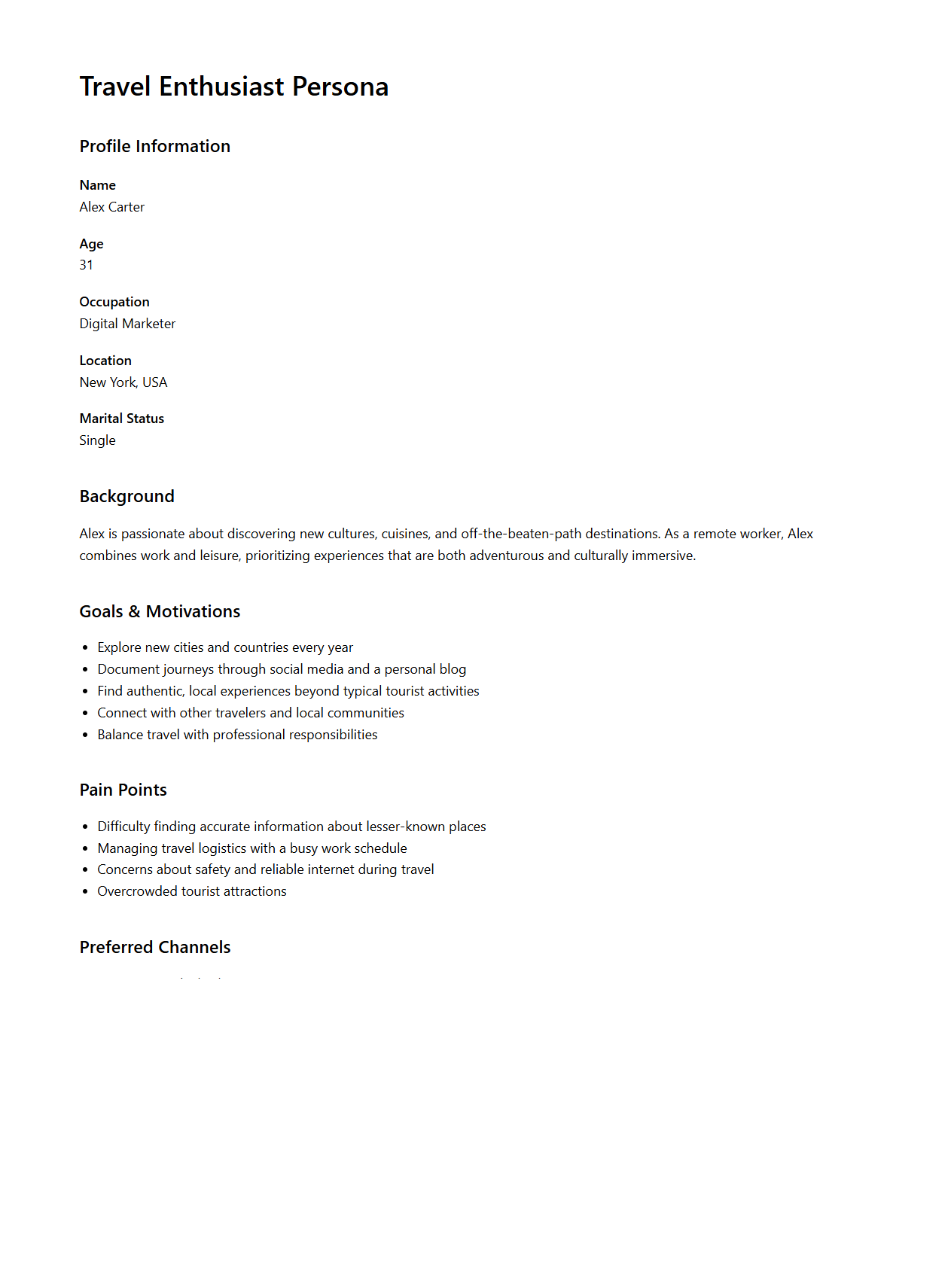 Travel Enthusiast Persona Document Sample for Tourism Campaigns