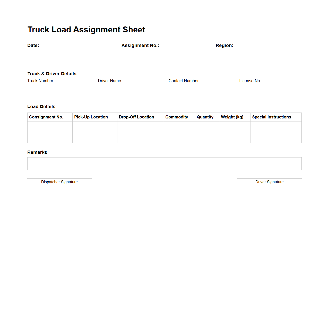Truck Load Assignment Sheet for Regional Transport