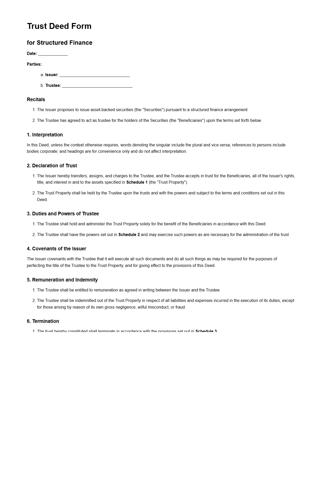 Trust Deed Form for Structured Finance