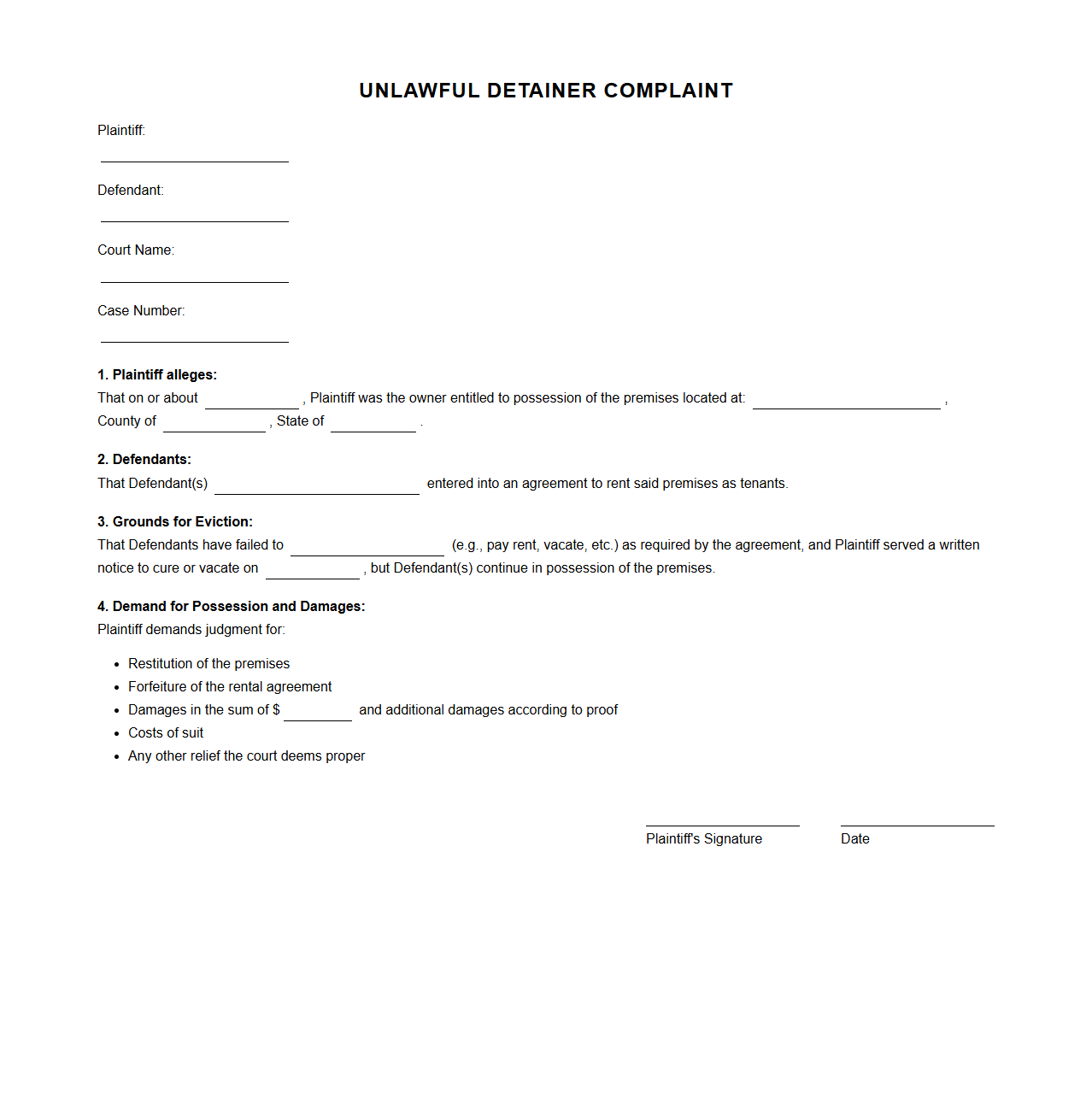 Unlawful Detainer Complaint Example