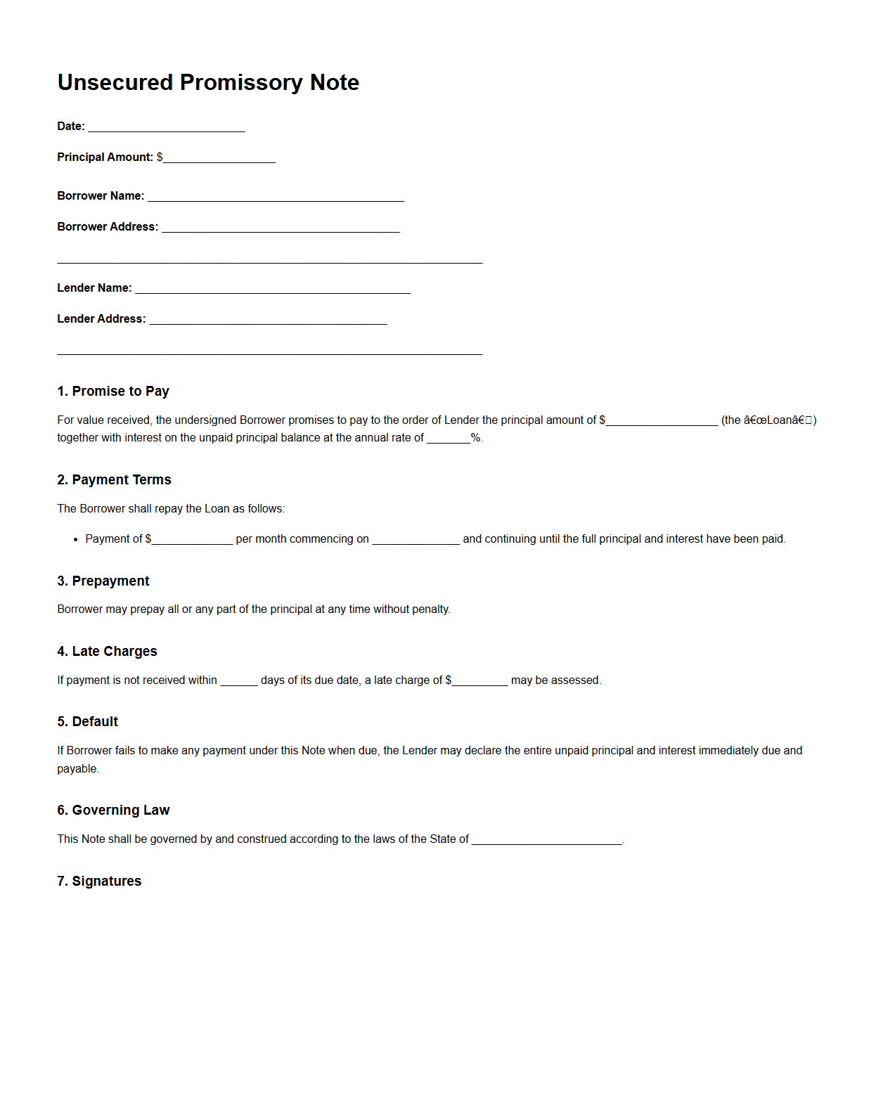 Unsecured Promissory Note for Debt Repayment