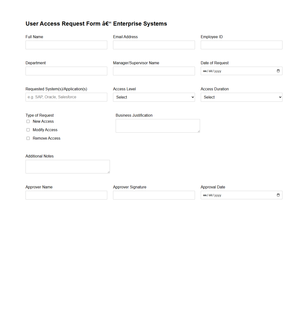 User Access Request Form Template for Enterprise Systems