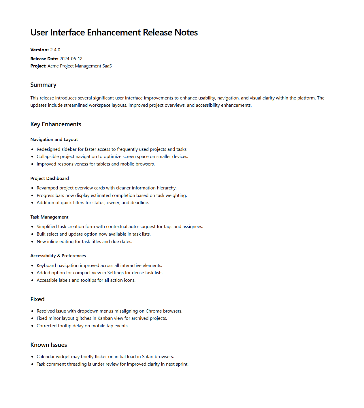 User Interface Enhancement Release Notes for Project Management SaaS