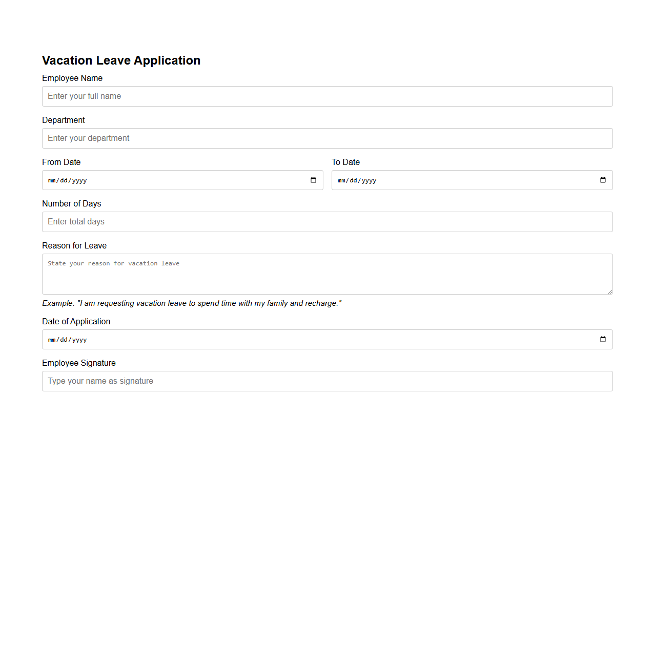 Vacation Leave Application with Reason Example