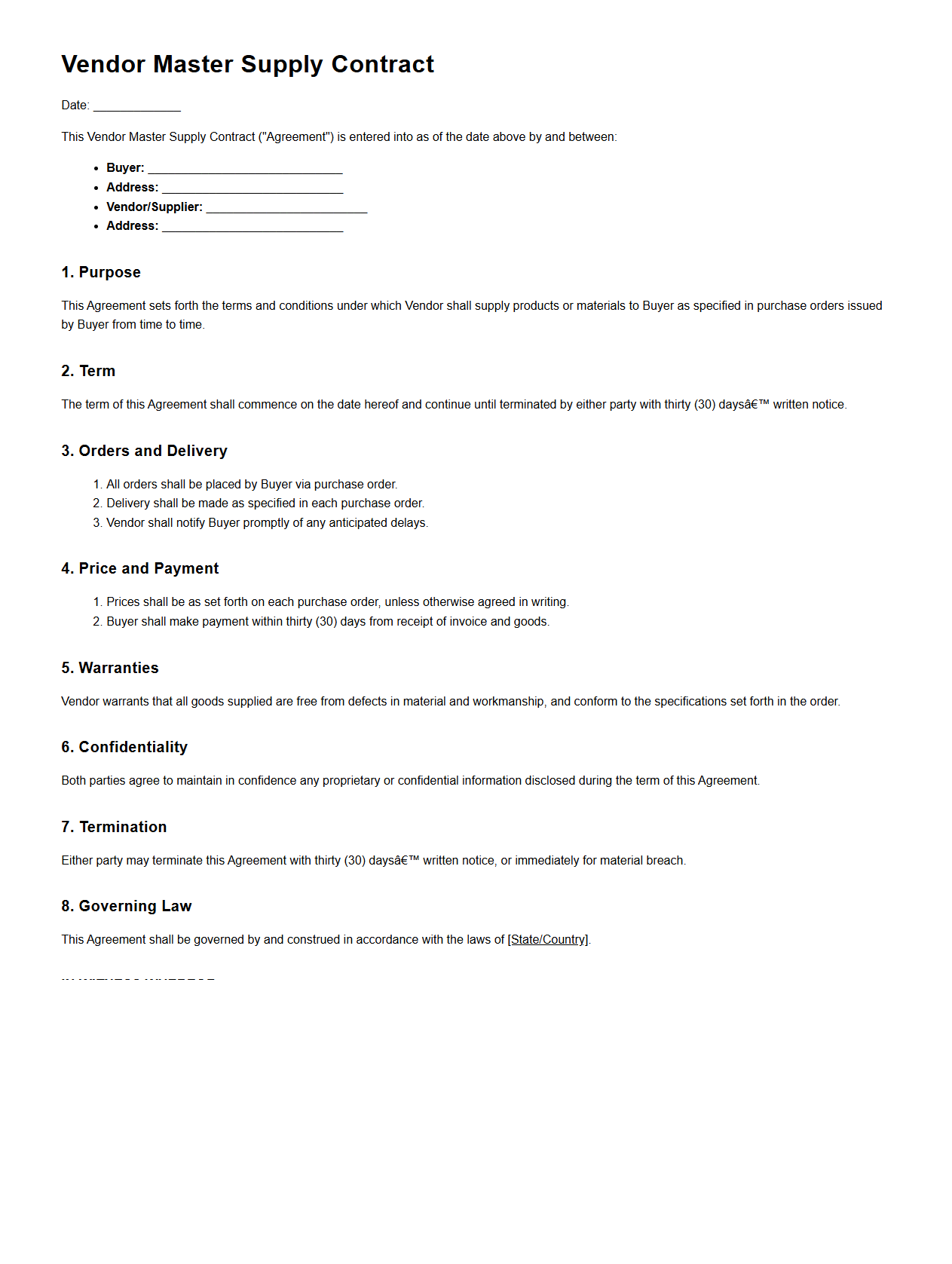 Vendor Master Supply Contract Example
