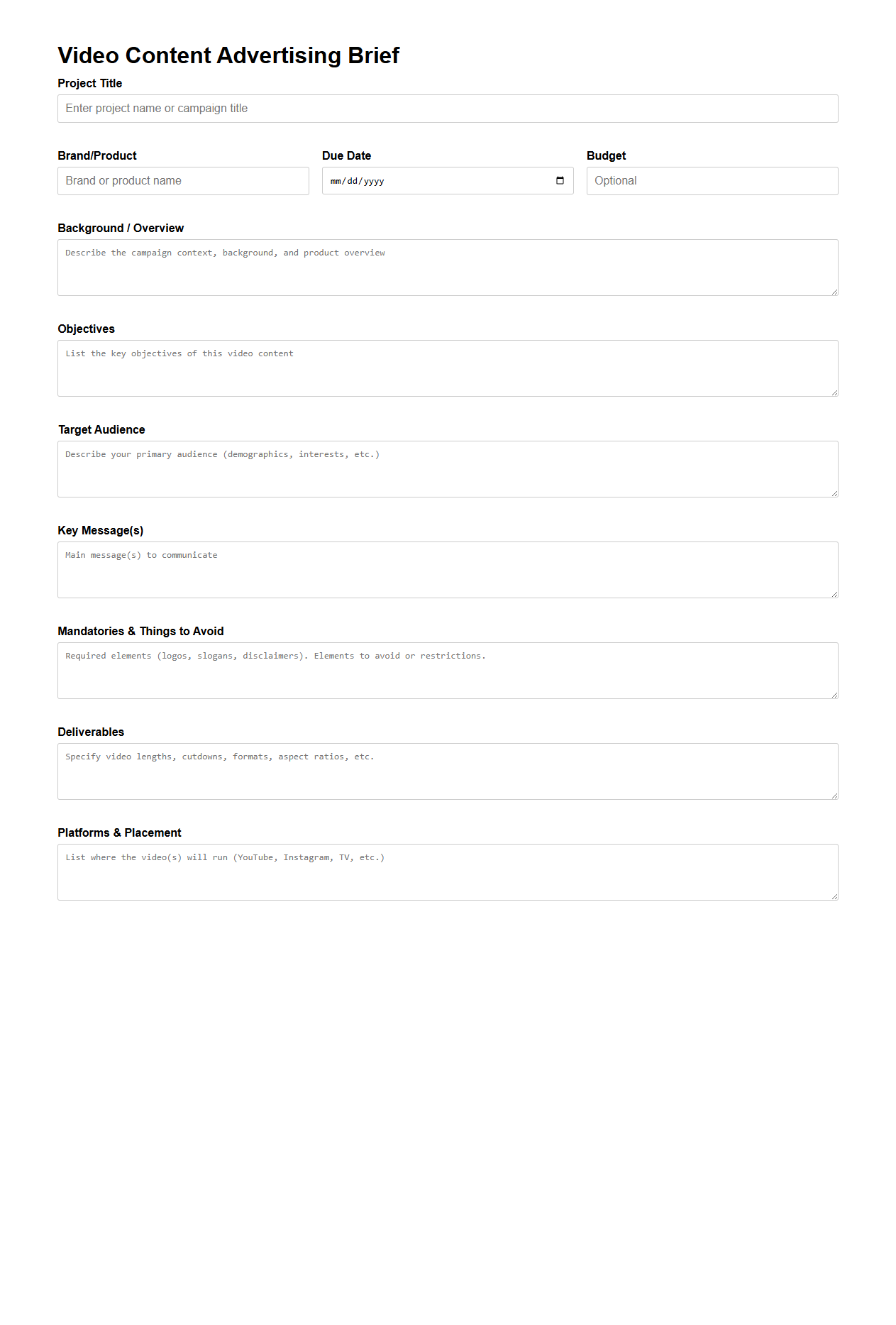 Video Content Advertising Brief Format for Creative Teams