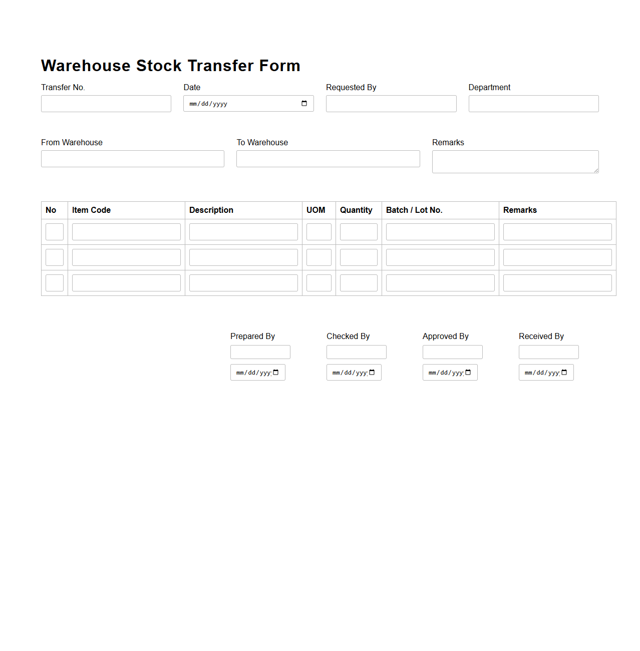 Warehouse Stock Transfer Form Example