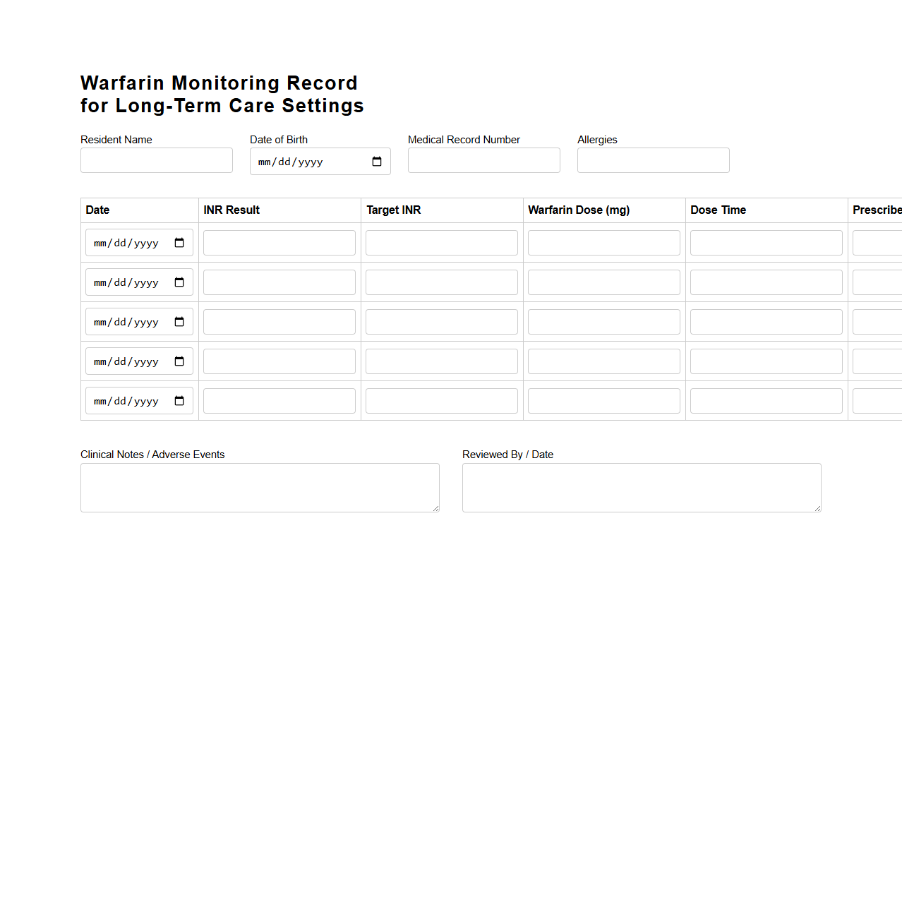 Warfarin Monitoring Record for Long-Term Care Settings