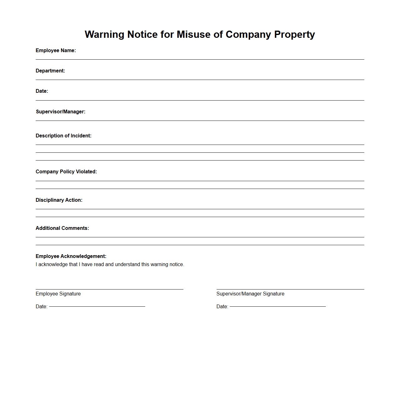 Warning Notice for Misuse of Company Property