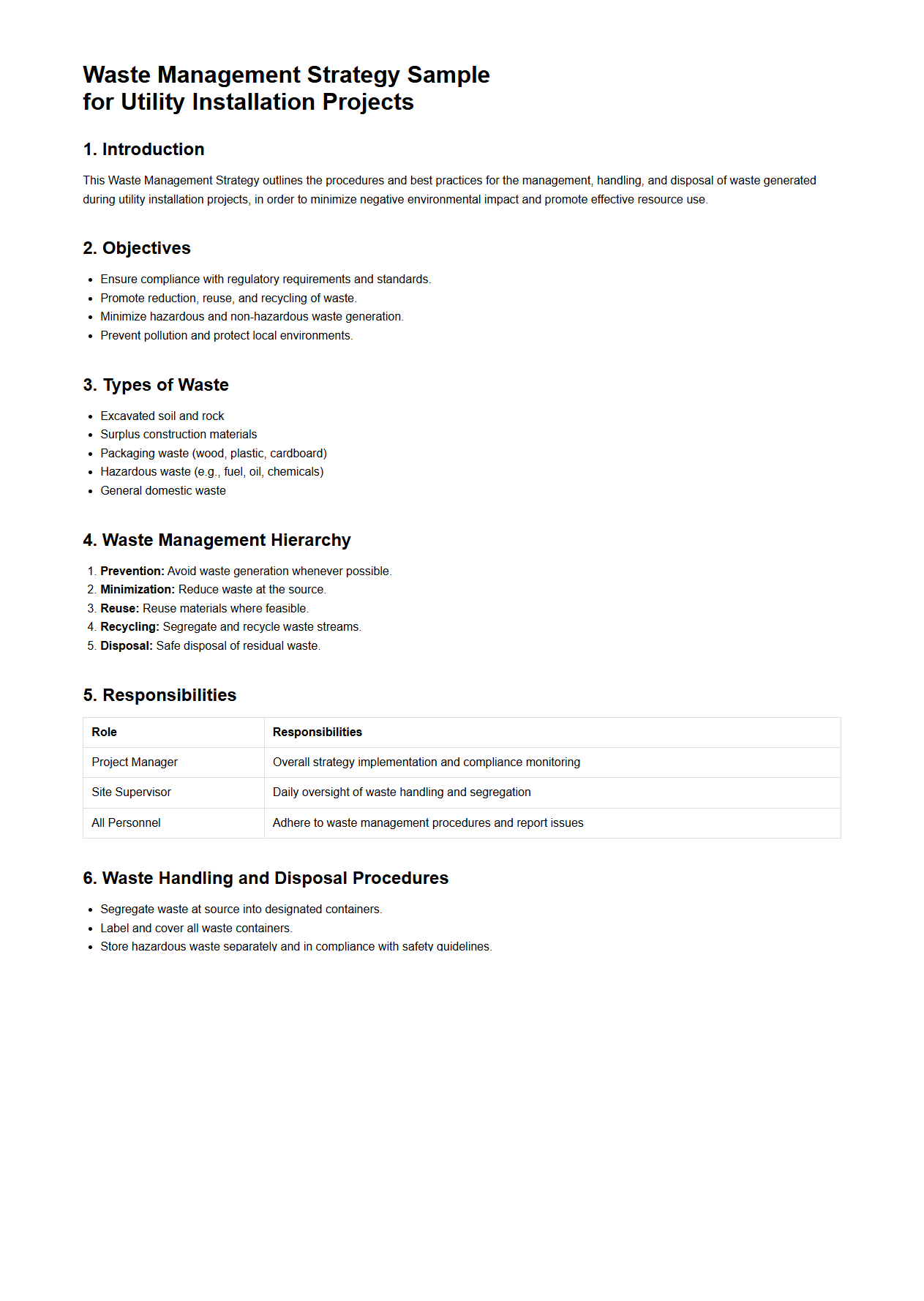 Waste Management Strategy Sample for Utility Installation Projects