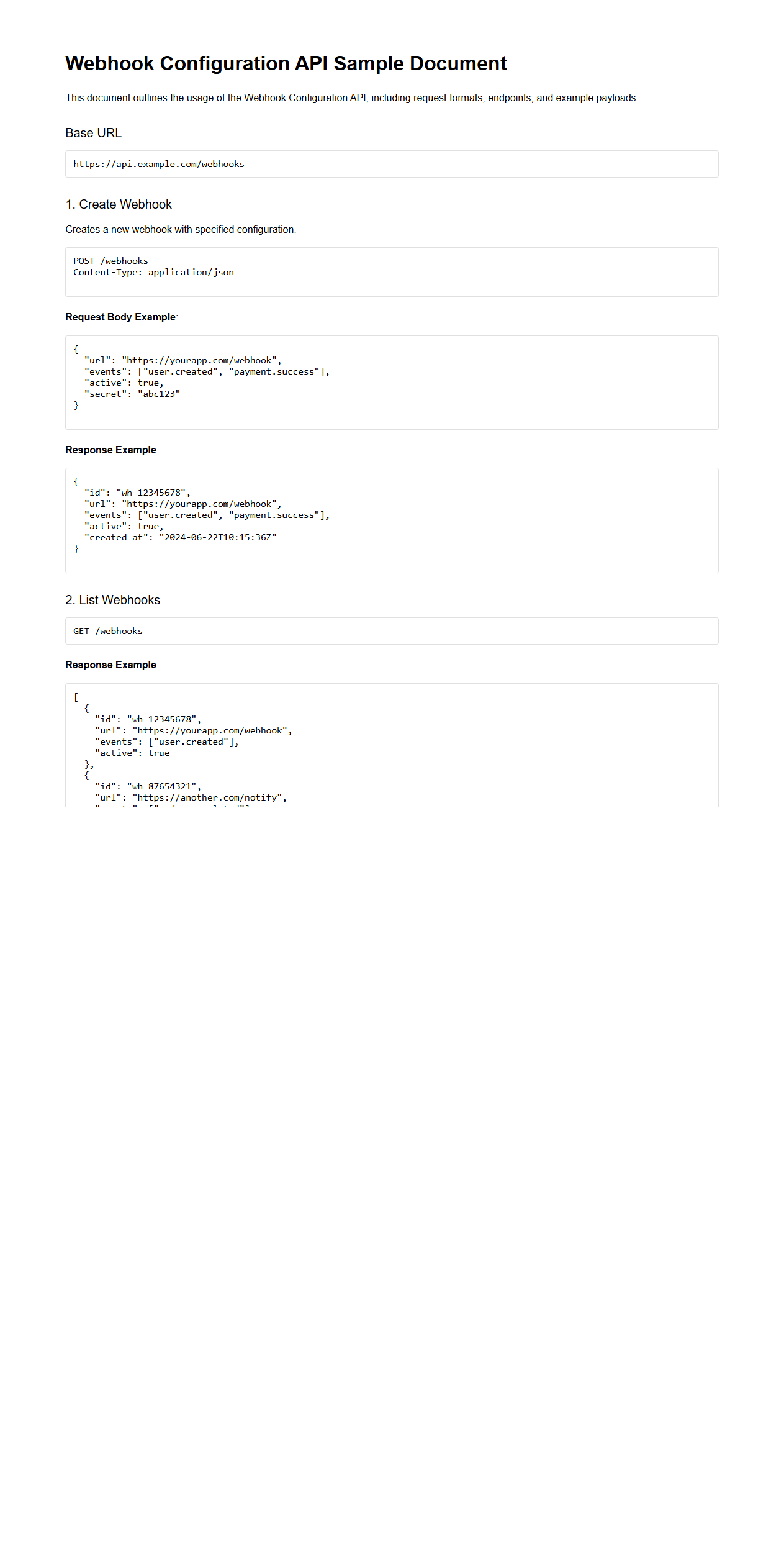 Webhook Configuration API Sample Document