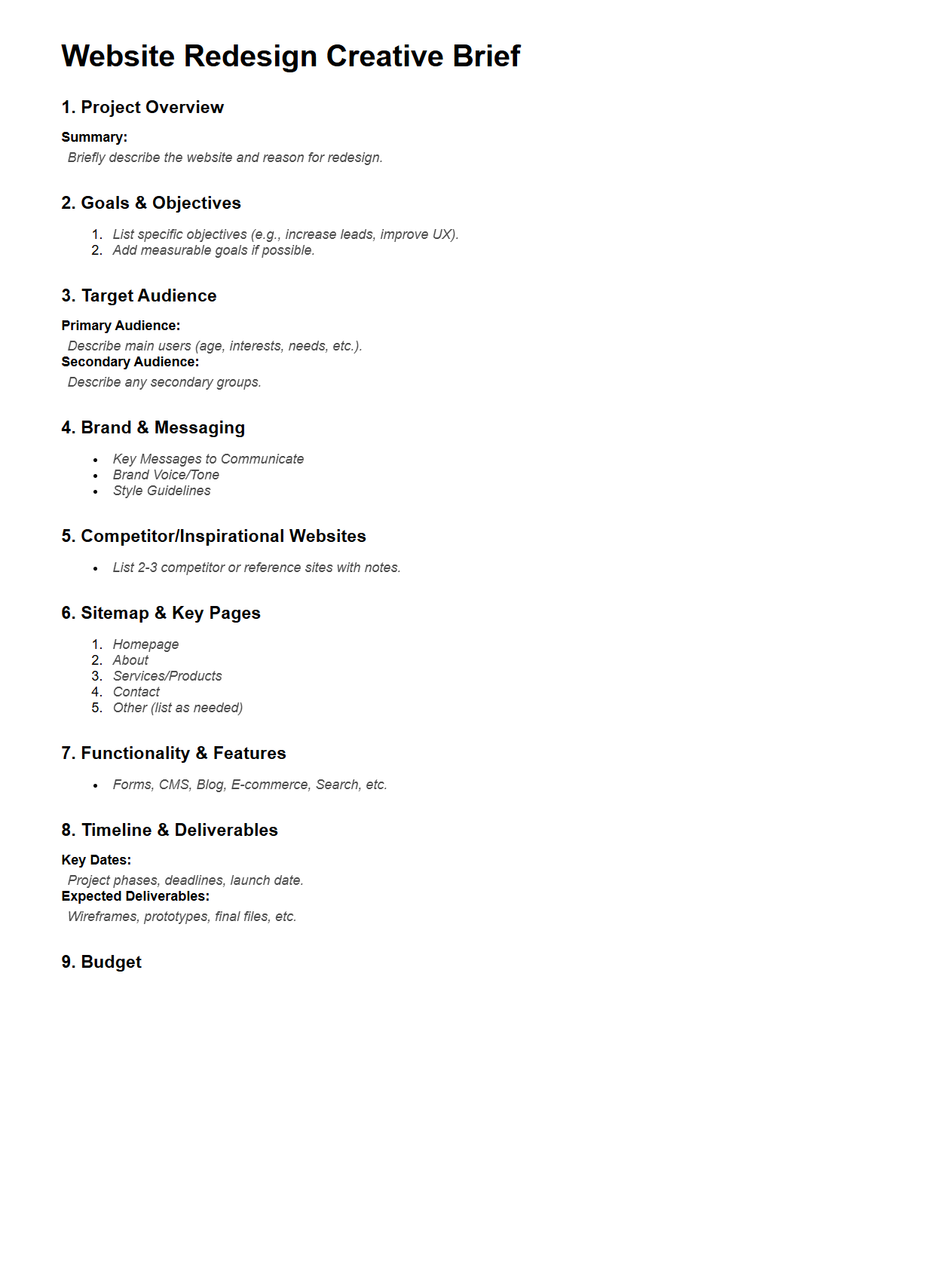 Website Redesign Creative Brief Outline