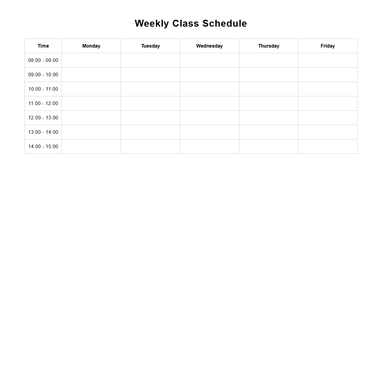 Weekly Class Schedule Template for High School