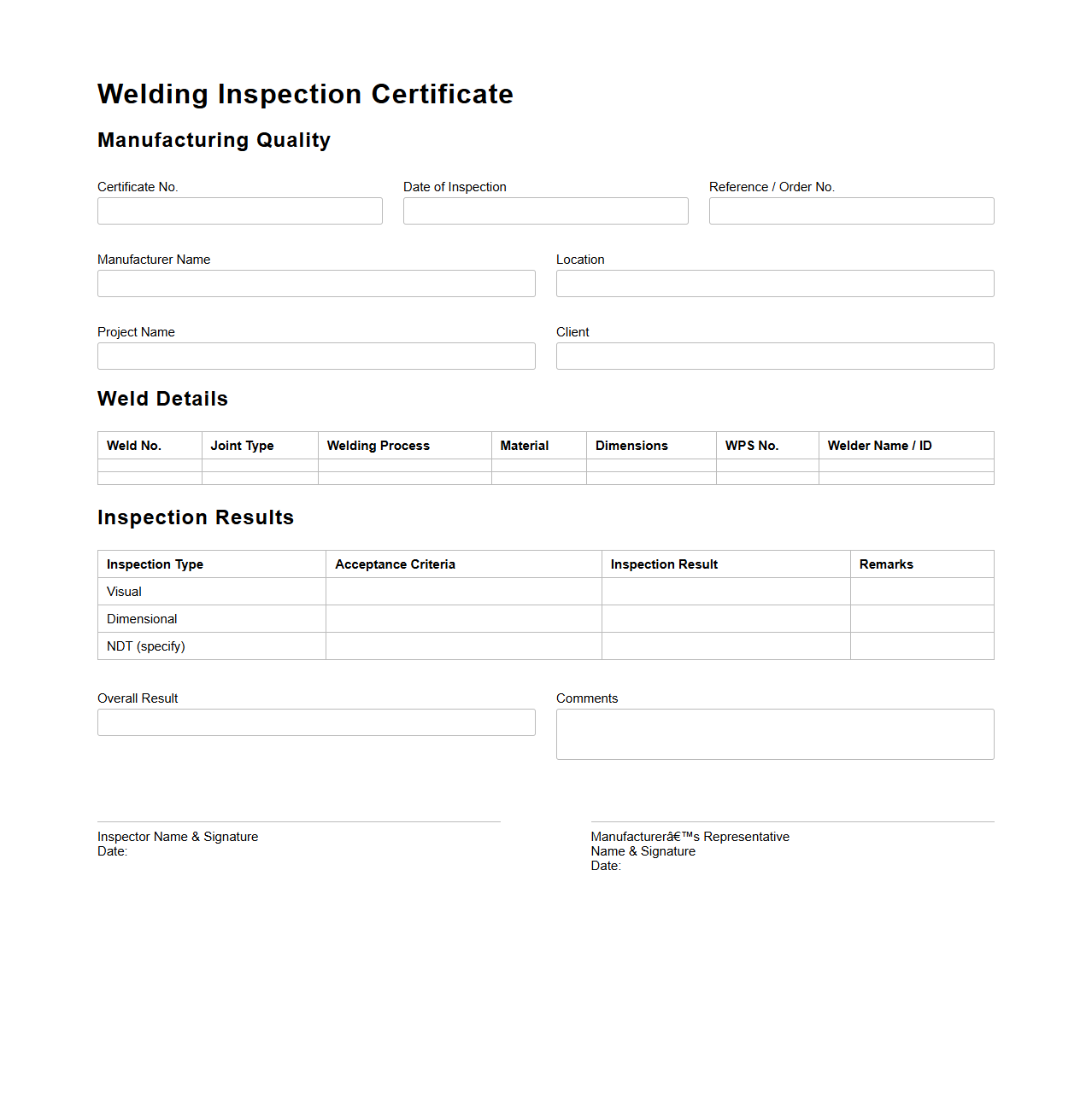 Welding Inspection Certificate Template for Manufacturing Quality