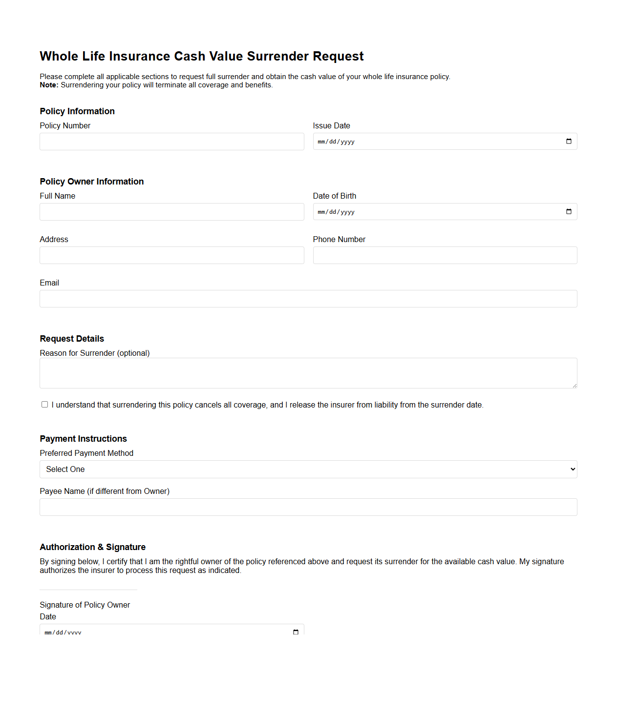 Whole Life Insurance Cash Value Surrender Request