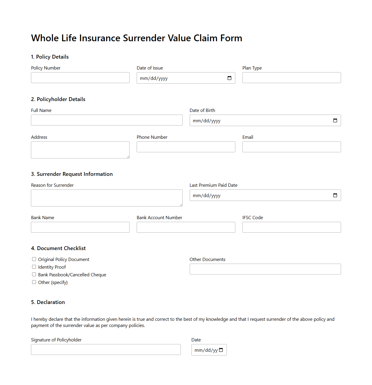 Whole Life Insurance Surrender Value Claim Form