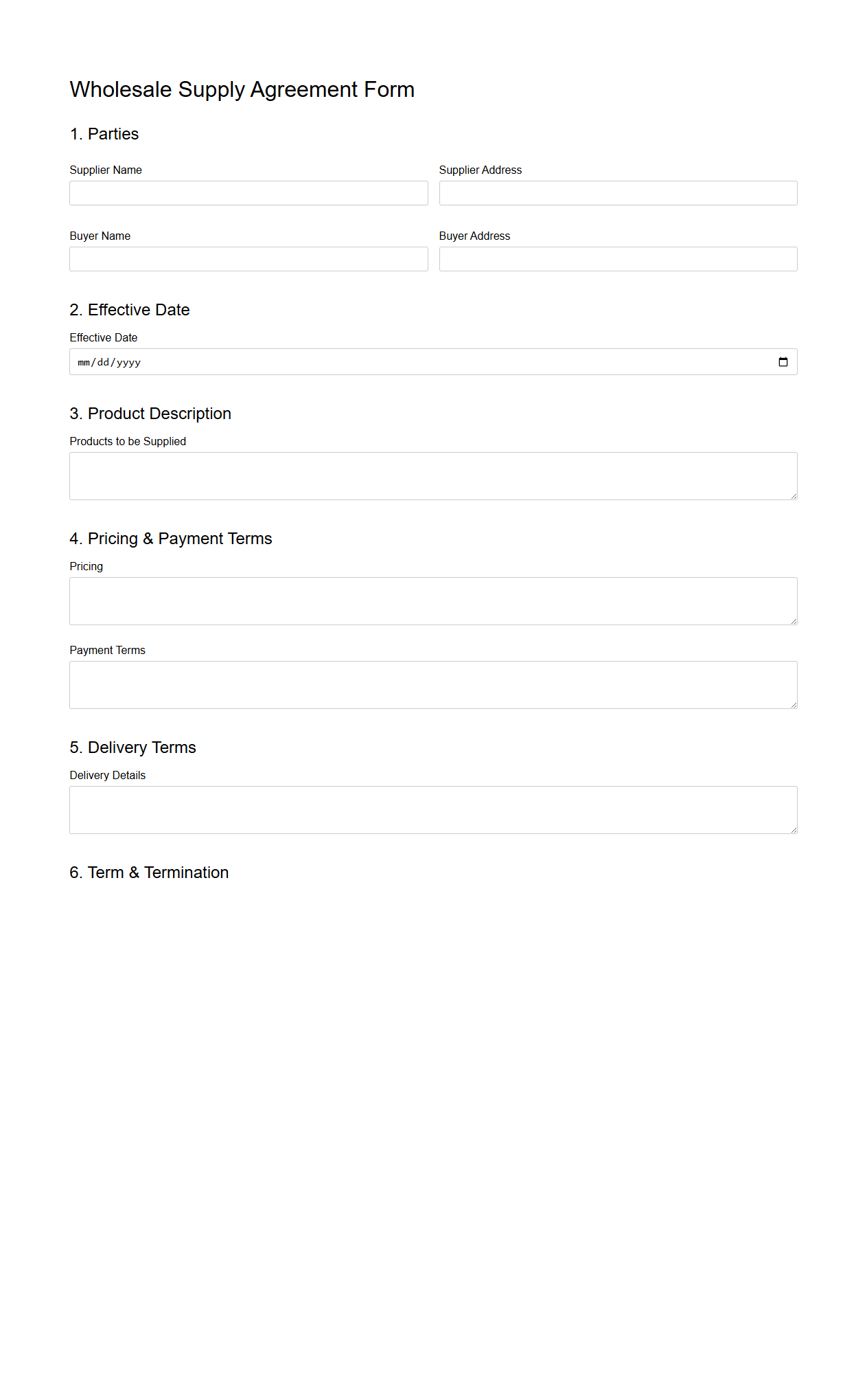 Wholesale Supply Agreement Form