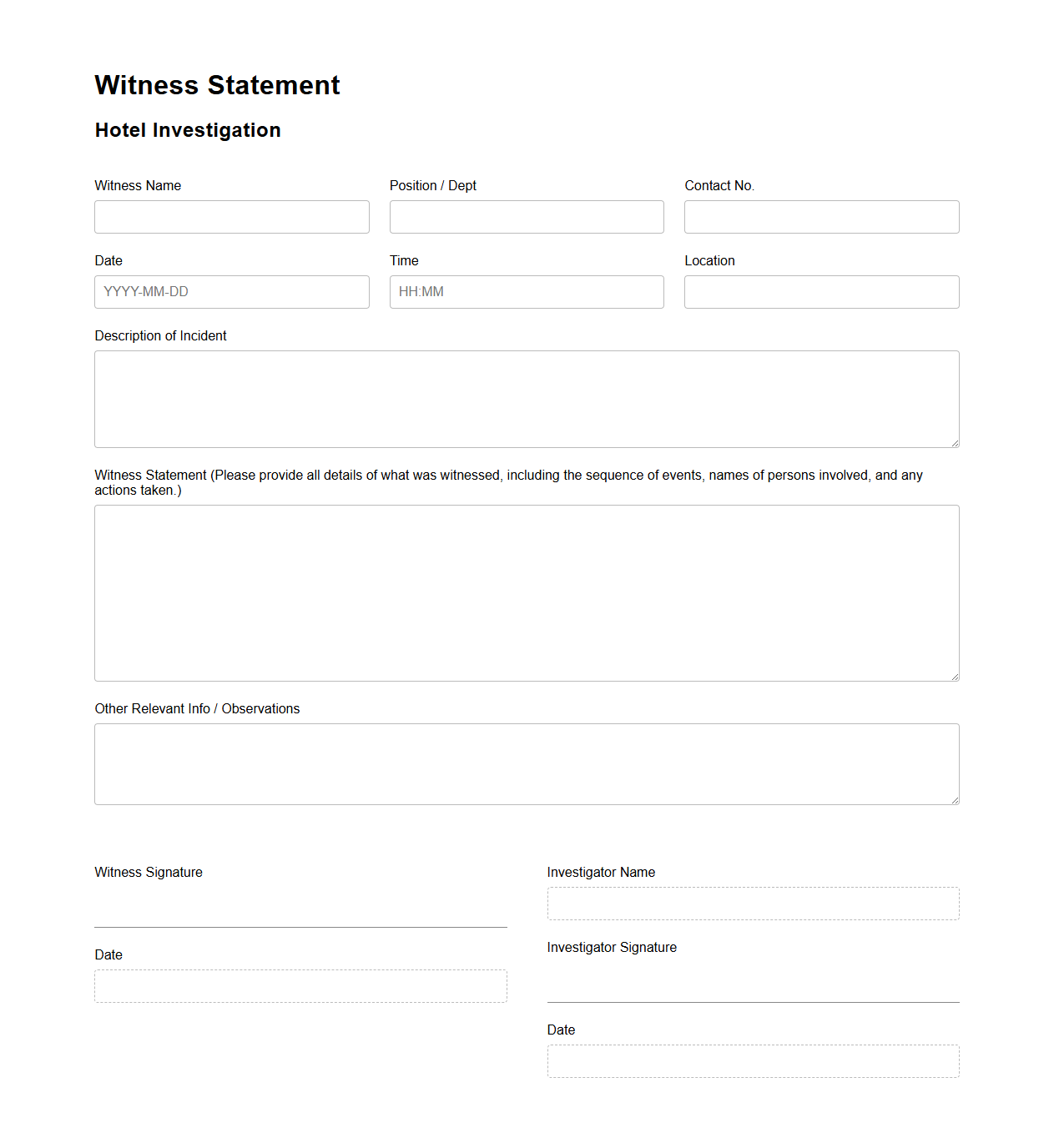 Witness Statement Template for Hotel Investigations
