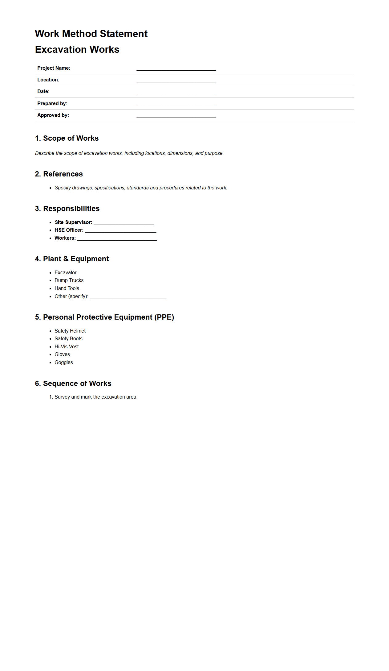 Work Method Statement for Excavation Works