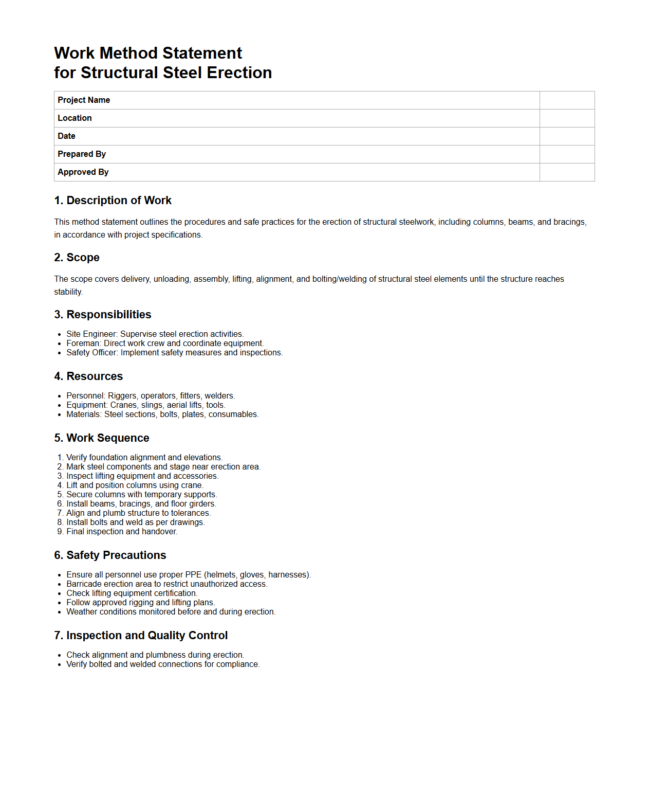 Work Method Statement for Structural Steel Erection