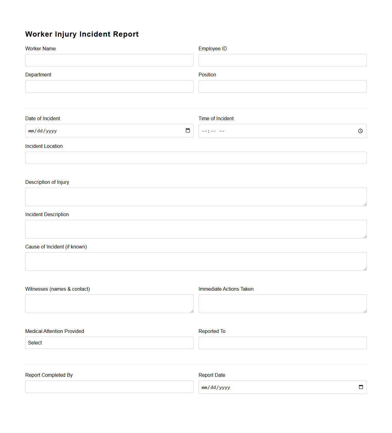 Worker Injury Incident Report Format