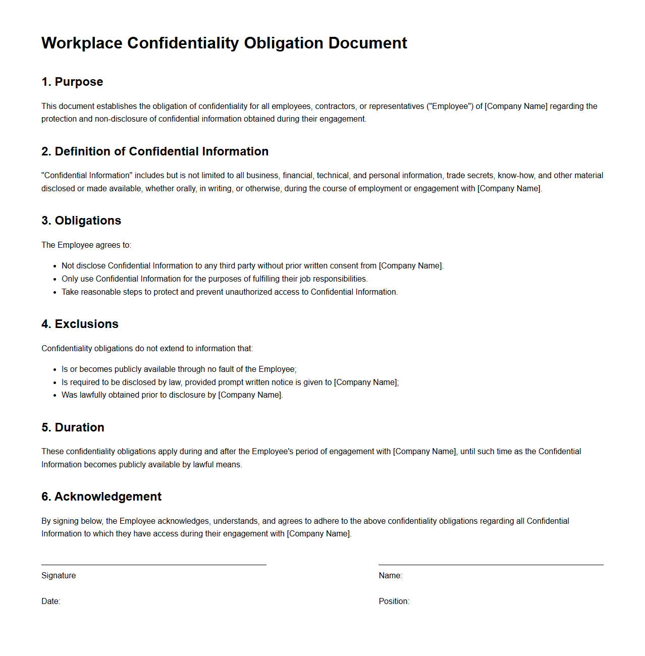 Workplace Confidentiality Obligation Document
