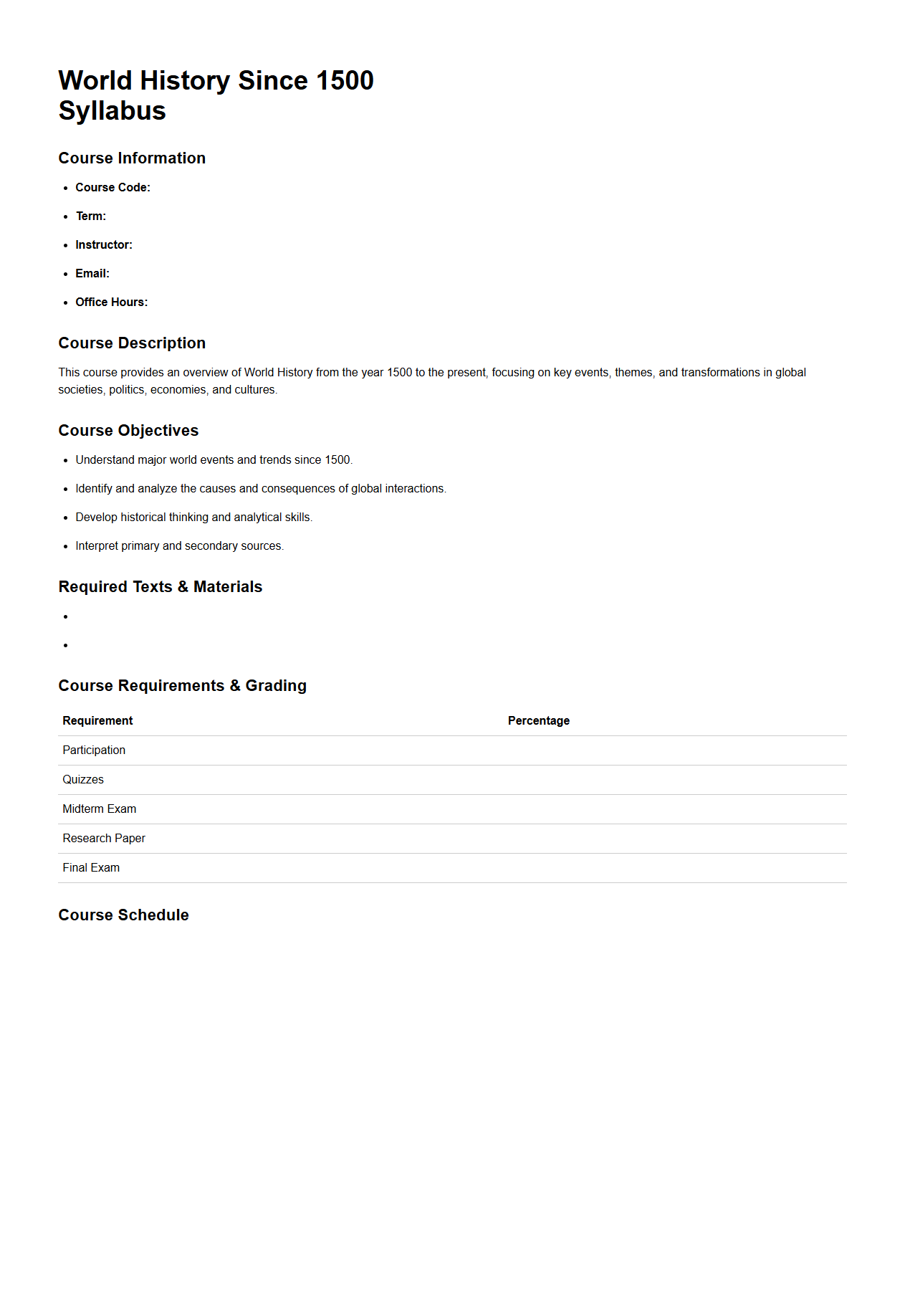 World History Since 1500 Syllabus Structure